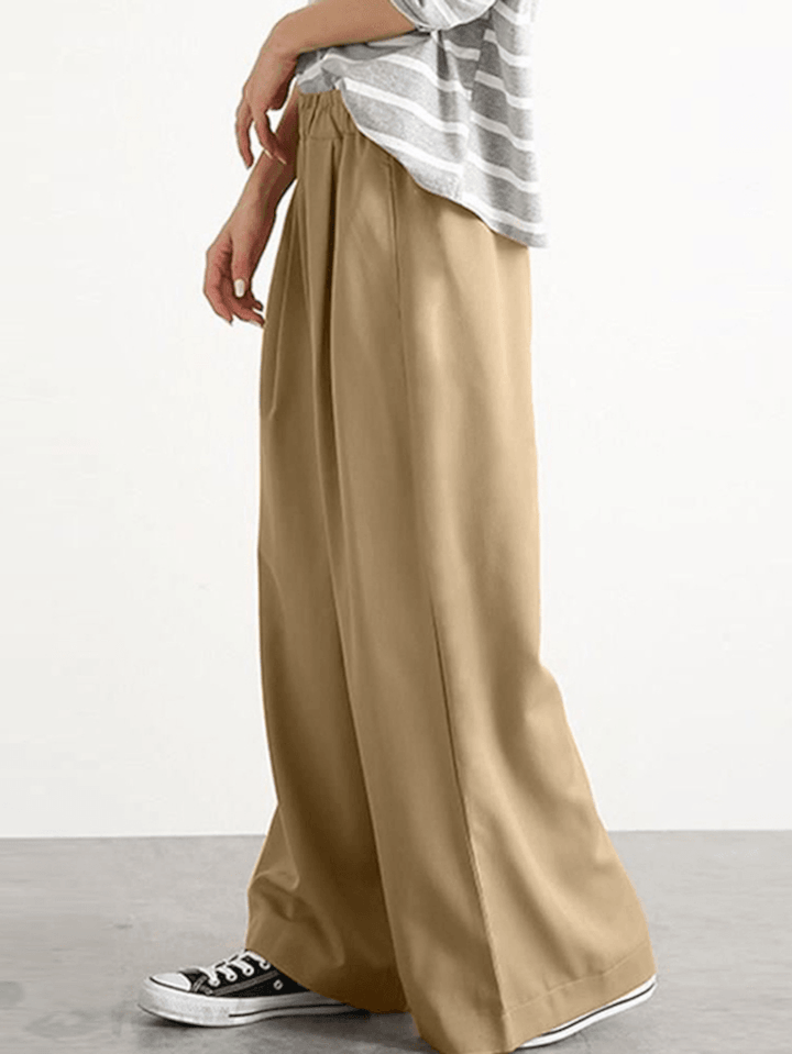 Women Casual Solid Color Elastic Waist Wide Leg Pants with Pocket