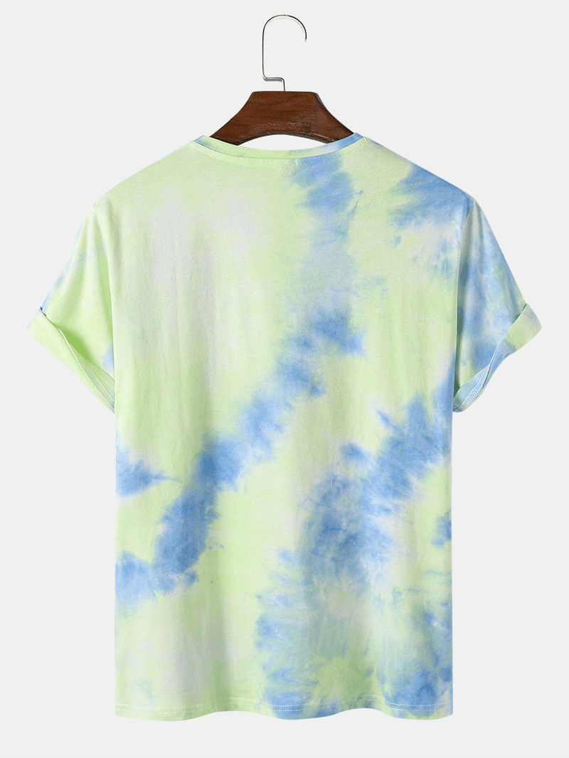 Mens Smile Letter Print Tie Dye Crew Neck Street T-Shirts