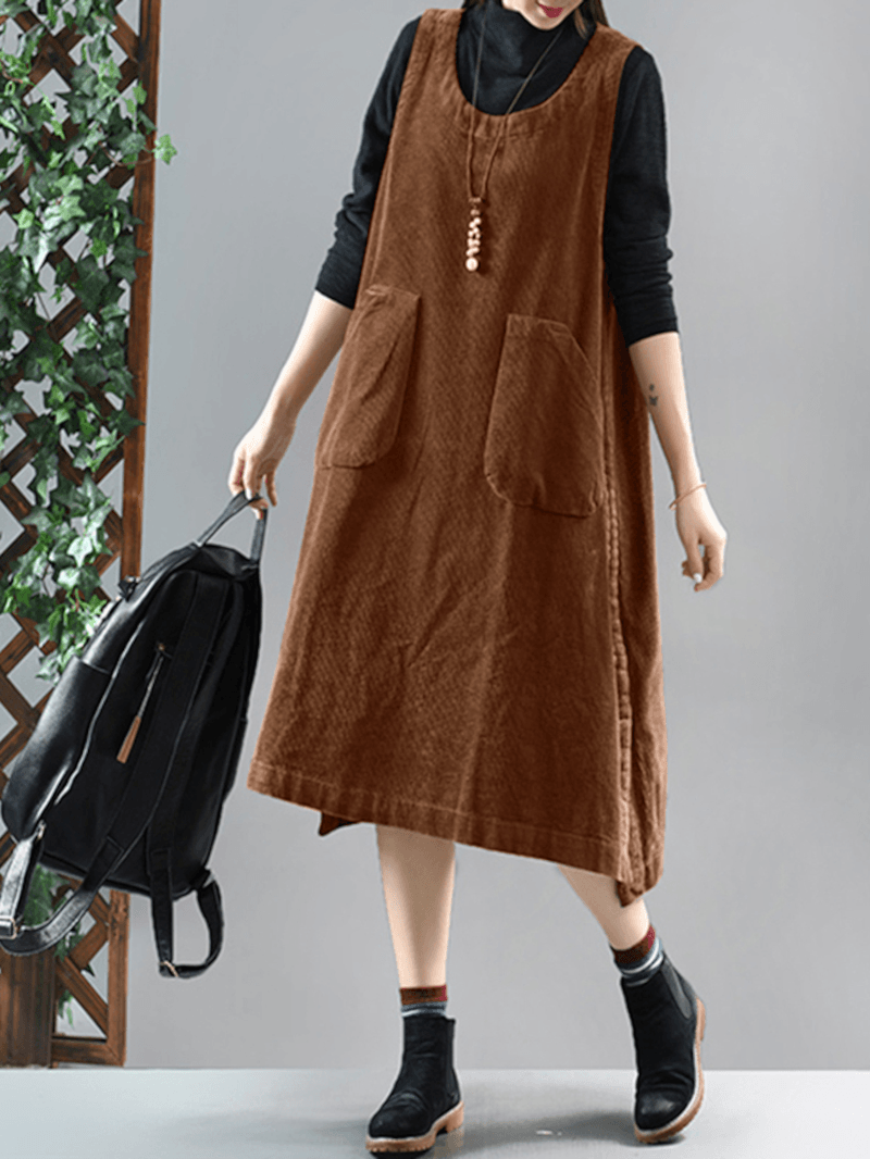 Women Solid Corduroy Sleeveless Side Pocket Knee Length Midi Dresses