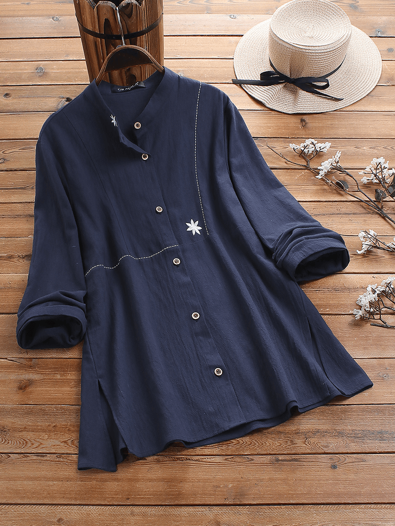 Flower Embroidered Splited Long Sleeve Vintage Blouse