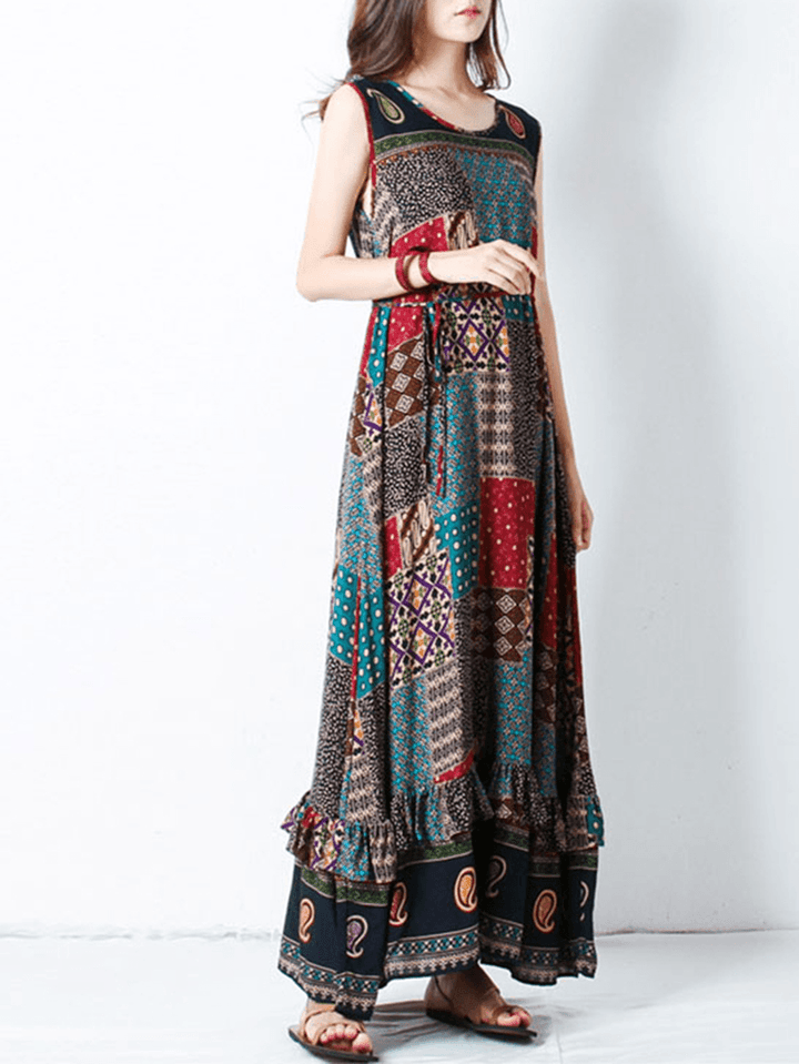 Bohemian Women Sleeveless O-Neck Printed Maxi Tank Dress