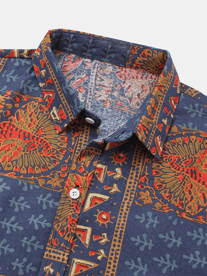 Mens Ethnic Style Print Lapel Collar Button up Long Sleeve Vintage Shirts