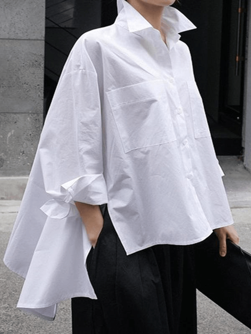 Women's Lapel Pocket Irregular Hem Shirts with Long Sleeves in Solid Colors