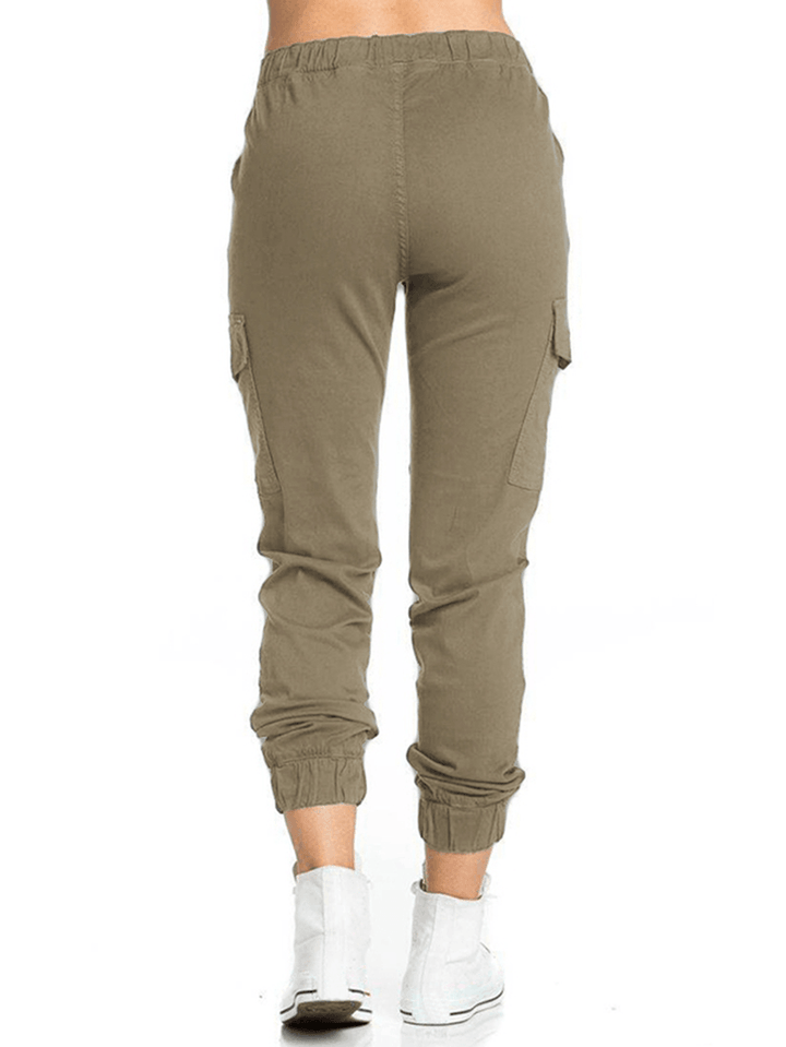 Women Casual Elastic Waist Drawstring Side Pockets Pants