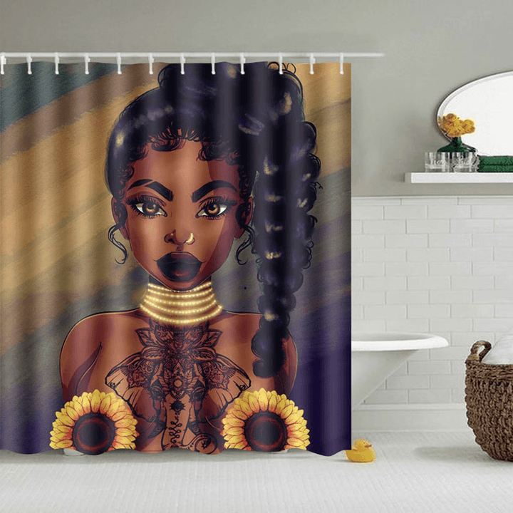 African Black Woman Girl Bathroom Shower Curtain Toilet Cover Pedestal Decor Set