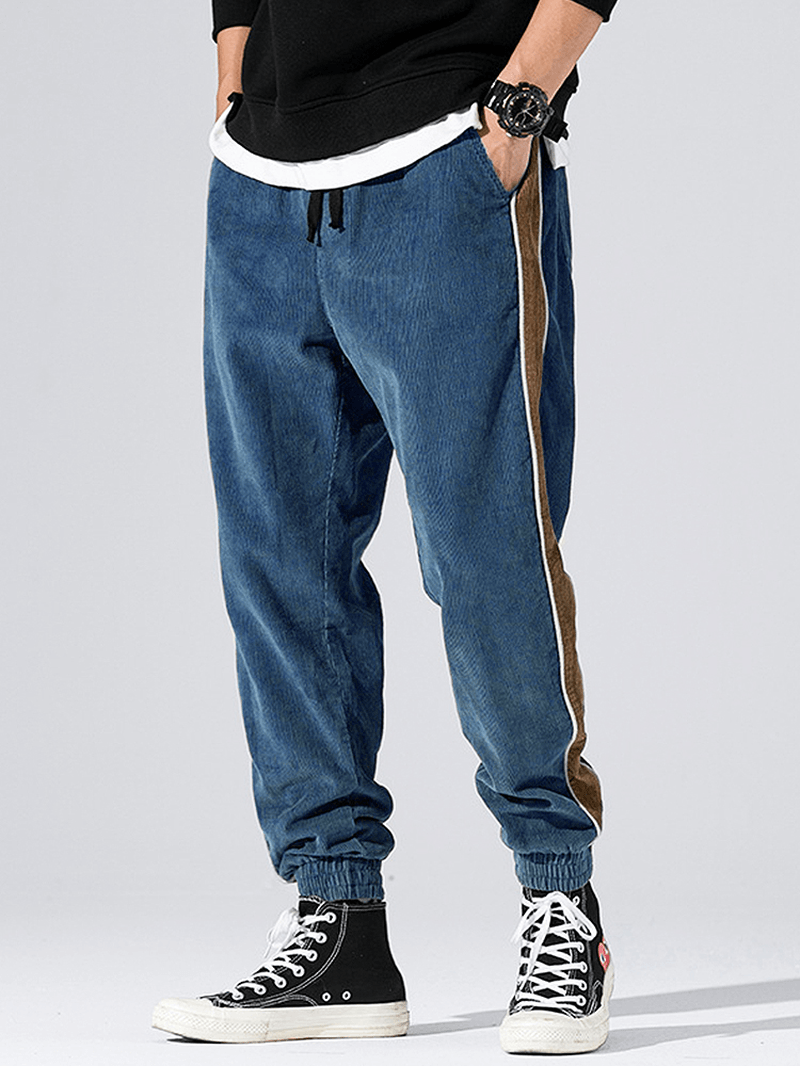 Corduroy Mens Side Stripe Pocket Drawstring Beam Feet Casual Pants