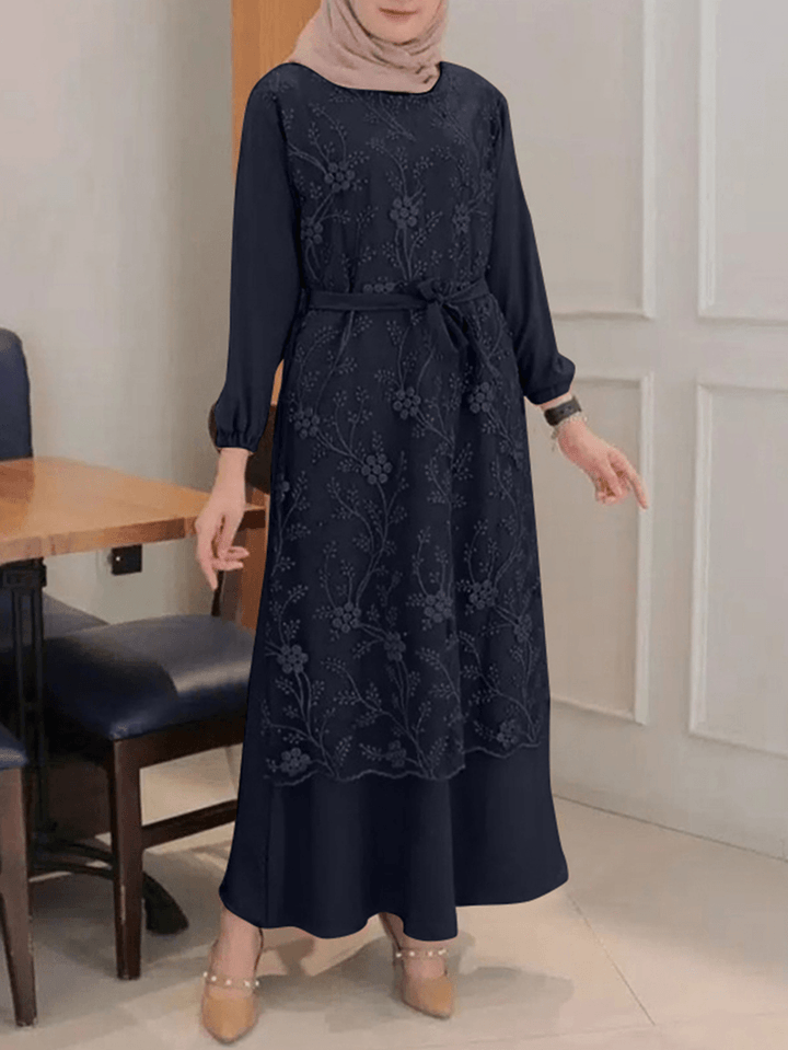 Women Flowers Embroidery Stitching Lace up Casual Elastic Cuffs Maxi Dresses - MRSLM