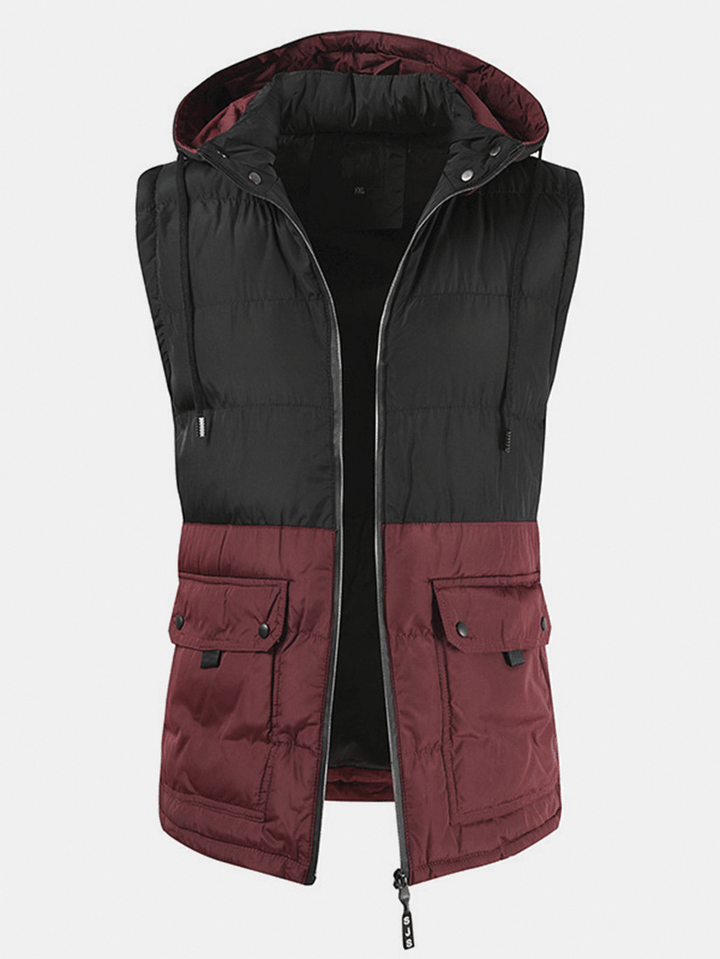 Mens Patchwork Cotton Zipper Casual Thick Warm Detachable Hooded Vest