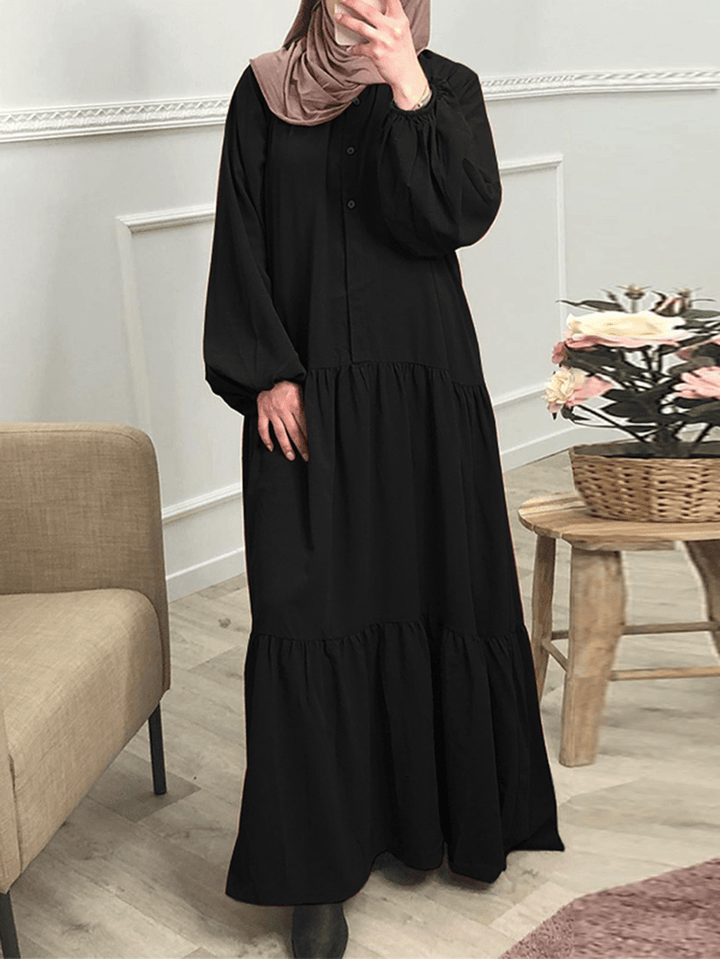 Women Solid Color Button down Front Puff Sleeve Kaftan Robe Maxi Dress