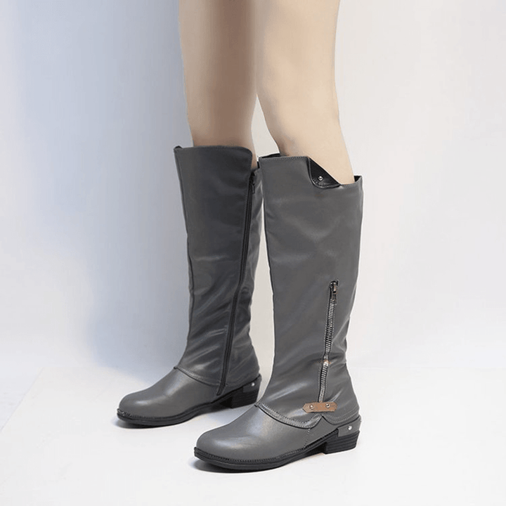 Plus Size Women round Toe Side Zipper Low Heel Knee Boots