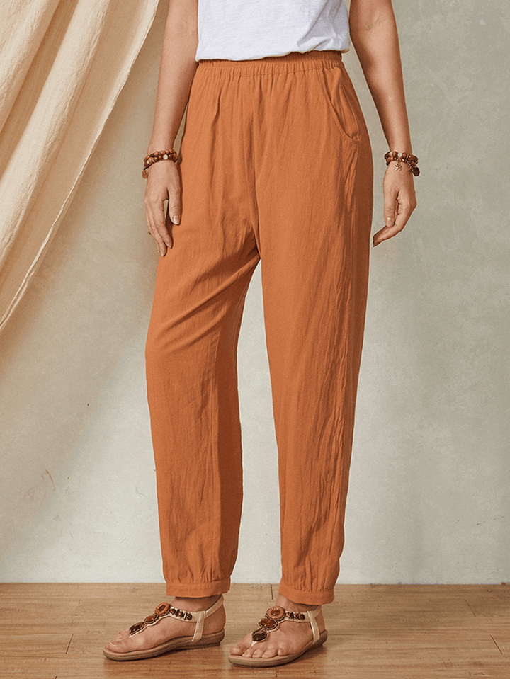 Plain Solid Color Elastic Waist Casual Cotton Women Pants