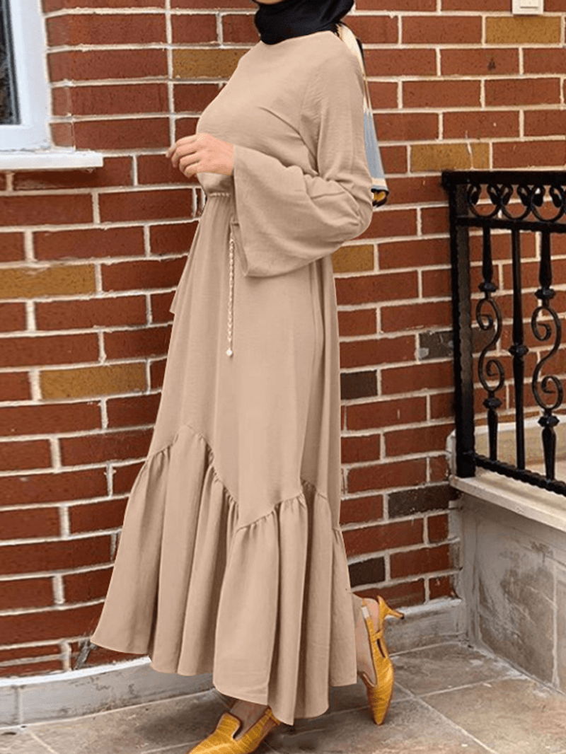 Women Solid Color Ruffle Long Sleeve Simple Kaftan Maxi Dresses