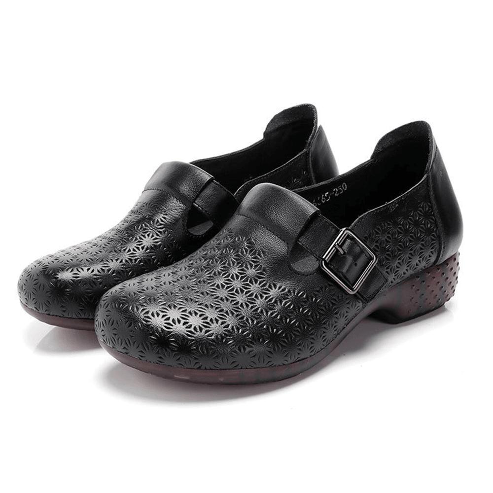 Women Comfy Soft Breathable Hollow Wearable Buckle Casual Leather Loafers - MRSLM