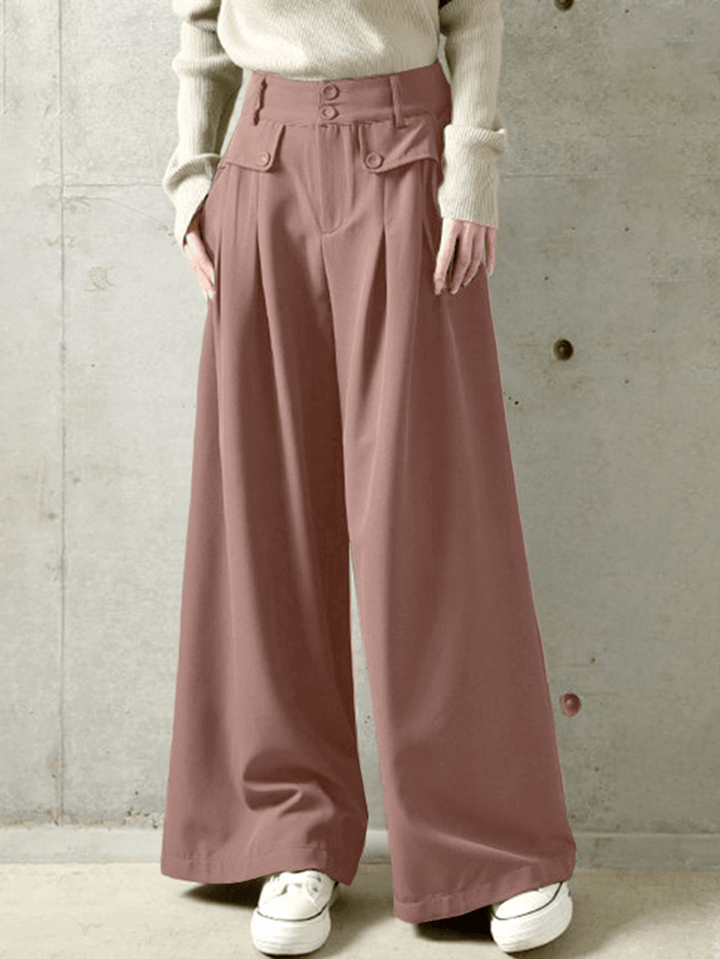 Women Solid Color Button Casual Loose Wide Leg Pants with Pocket - MRSLM