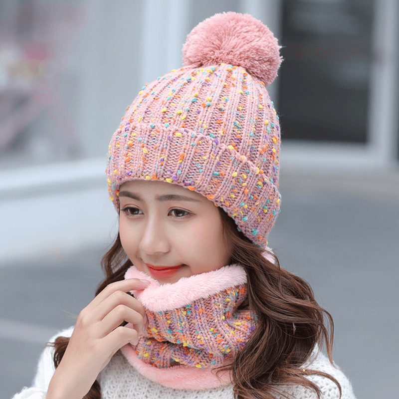 Thick Warm Wool Cap Bib Two-Piece Set Beanie Warm Winter Pom Cap