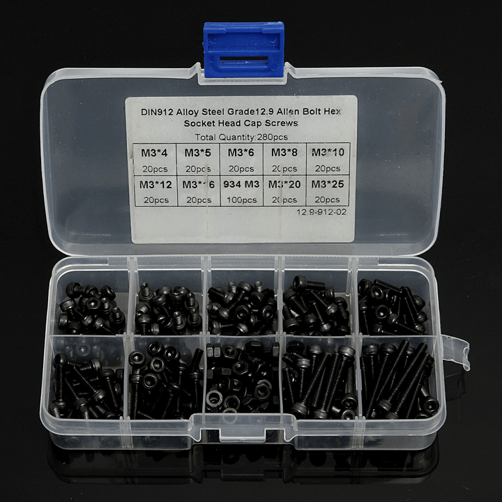 Suleve‚Ñ¢ M3AH8 280Pcs M3 Hex Socket Screws Allen Bolt Assortment with Nuts Grade 12.9 Alloy Steel