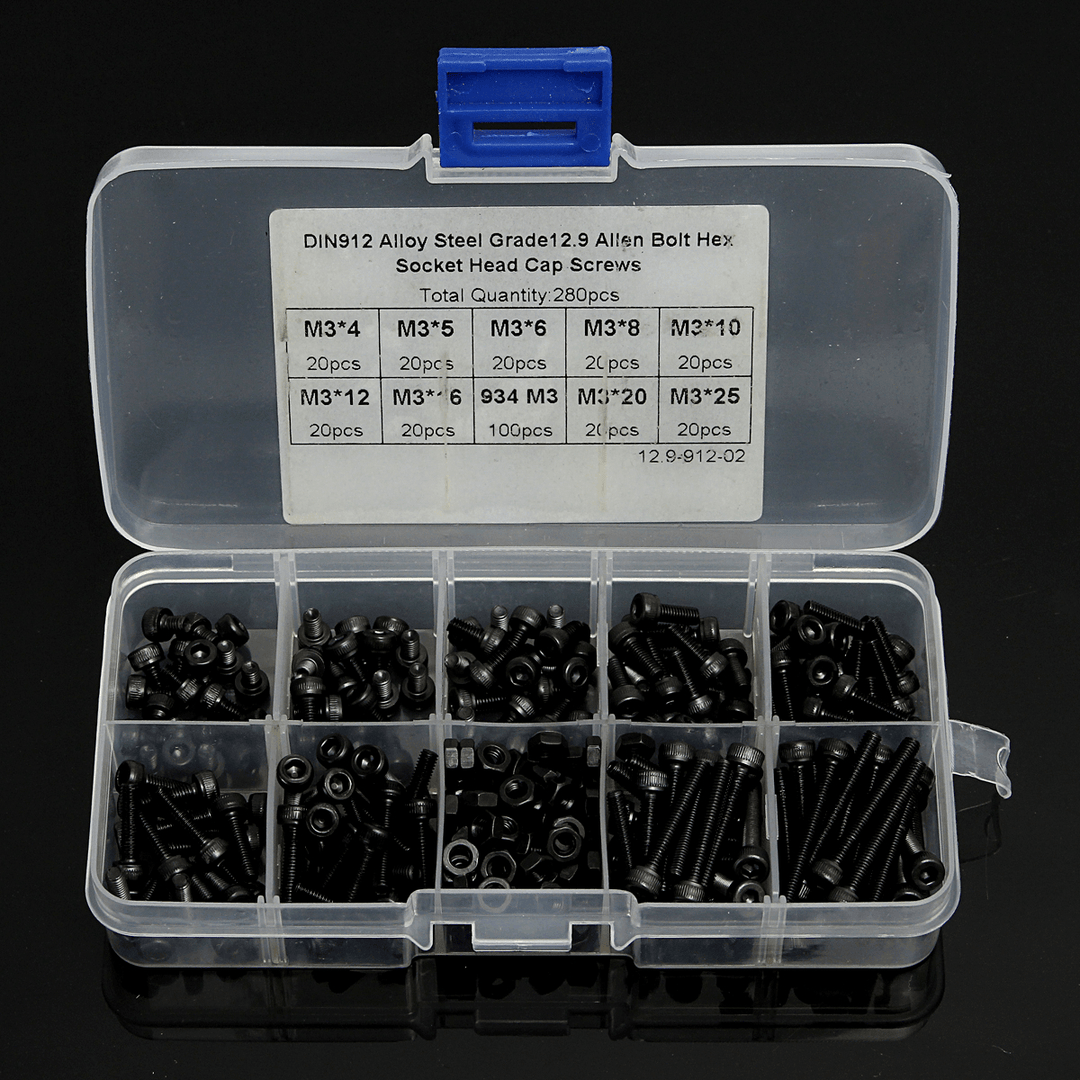 Suleve™ M3AH8 280Pcs M3 Hex Socket Screws Allen Bolt Assortment with Nuts Grade 12.9 Alloy Steel