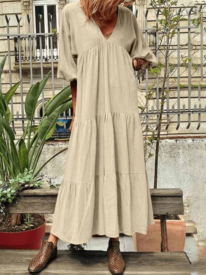 Women V-Neck Cotton Long Sleeve Puff Sleeve Maxi Dresses with Side Pockets