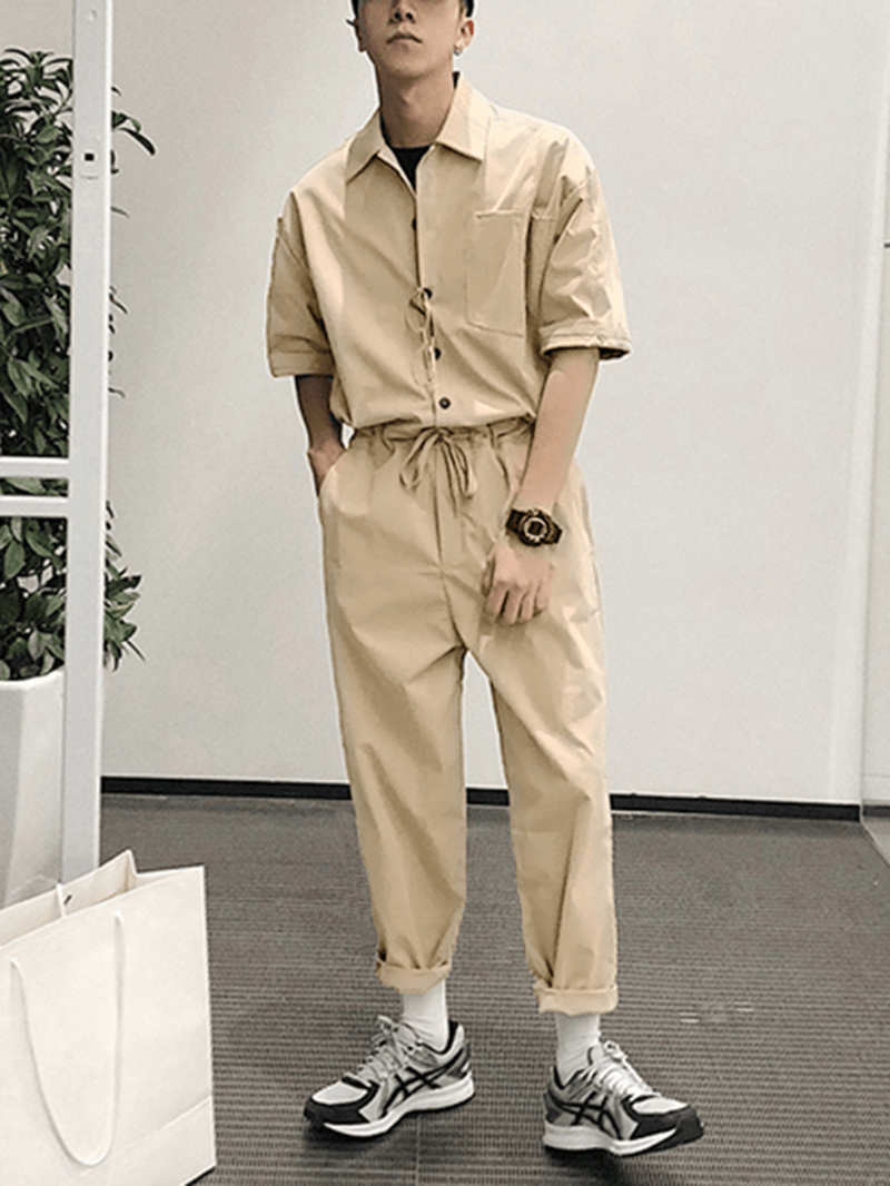 Men Solid Color Chest Pocket Drawstring Half Sleeve Rompers Pants