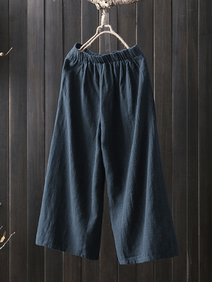 Women Vintage Solid Elastic Waist Wide Leg Pants with Pockets