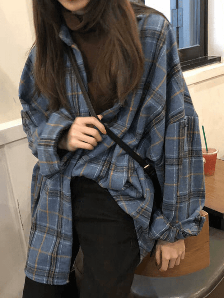 Women Plaid Print Lapel Long Sleeve Warm Vintage Shirts