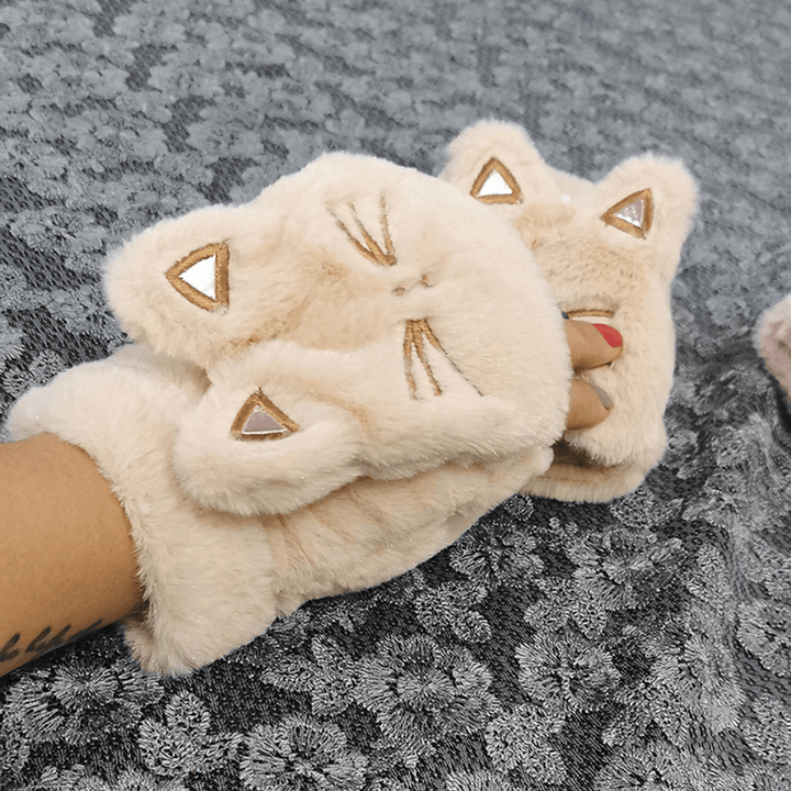 Women Plush plus Thicken Cute Cartoon Cat Pattern Keep Warm Half-Finger Gloves