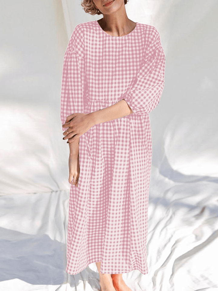 Women Plaid Print Pleated round Neck Casual Half Sleeve Midi Dresses