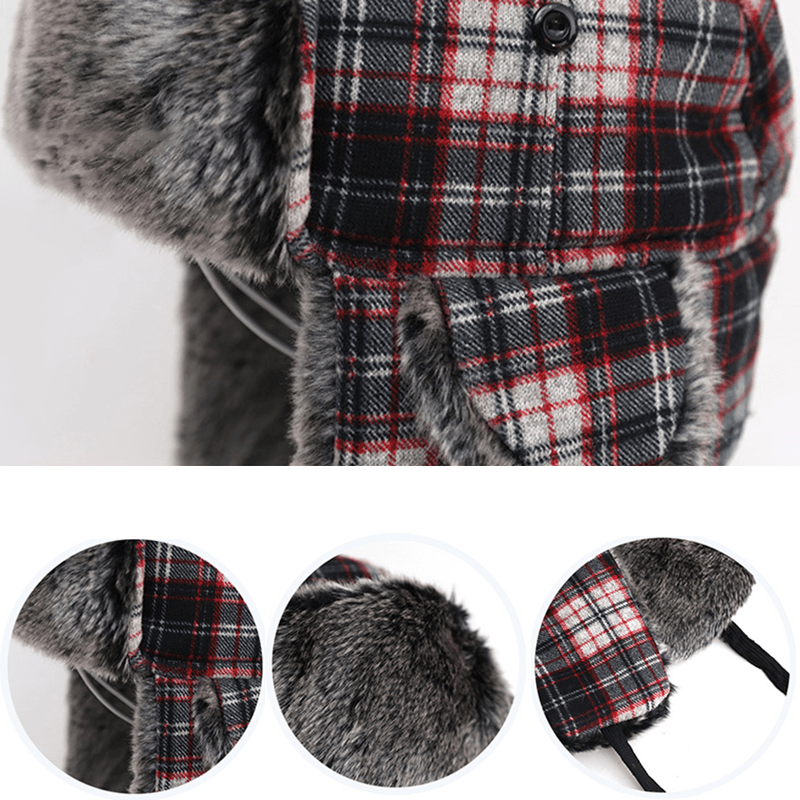 Mens Womens Plaid plus Velvet Earmuffs Ushanka Trapper Hat