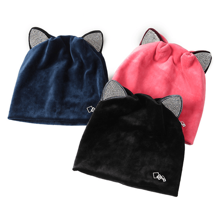 Women Velour Rhinestone Deco Cat Ear Windproof Beanie Cap