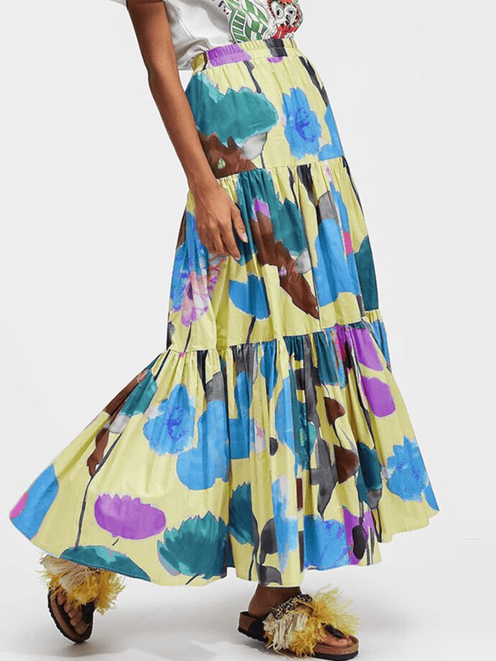 Women Colorful Floral Print Loose Elastic Waist A-Line Long Tiered Layered Skirt