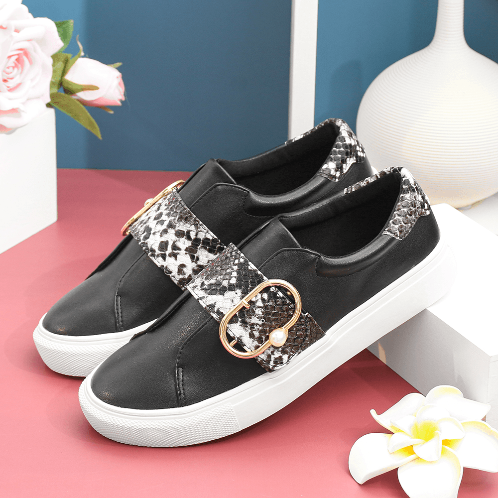 LOSTISY Women Metal Buckle Snake Print Comfy Casual Flats