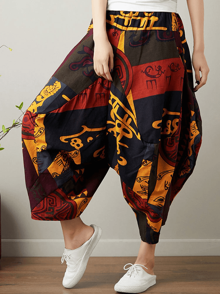 Ethnic Print Pocket Asymmetrical Elastic Waist Loose Casual Cropped Pants - MRSLM