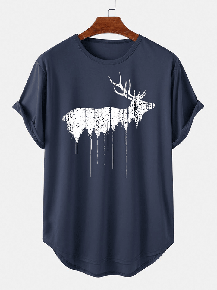 Christmas Mens Design Elk Print Curved Hem Short Sleeve T-Shirts