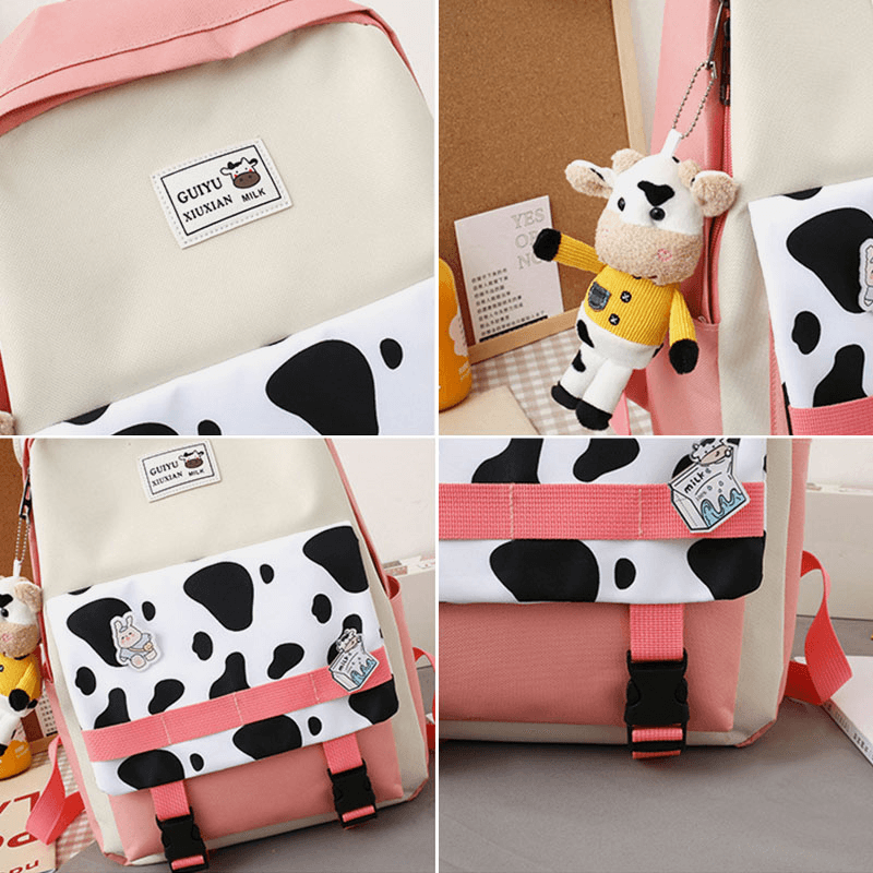 5 PCS Canvas Preppy Cow Pattern Multifunction Combination Bag Backpack Tote Crossbody Bag Clutch Wallet