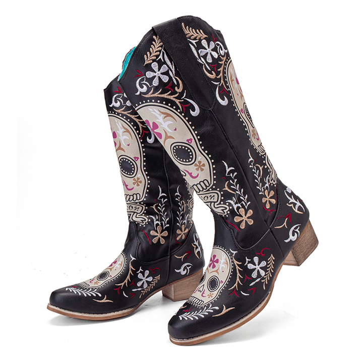 Women Color Kartoon Printed Embroidered Wear Resistant Chunky Heel Mid-Calf Boots