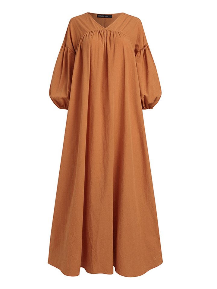 Women Cotton Solid Pleated Loose Puff Sleeve Maxi Dresses with Side Pockets