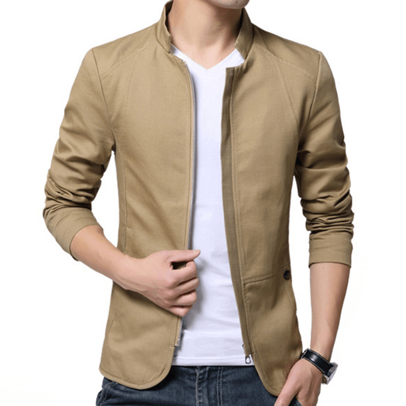 Men Fashion Business Stand Collar Cotton Casual Solid Jacket