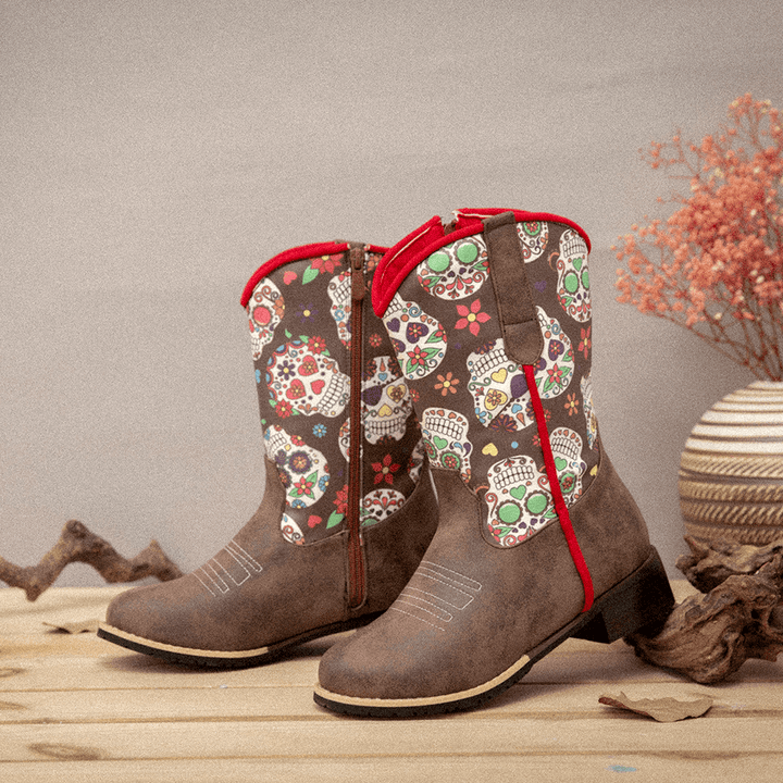 Women Retro Flower Printing Pointed Toe Zipper Mid-Calf Cowboy Boots