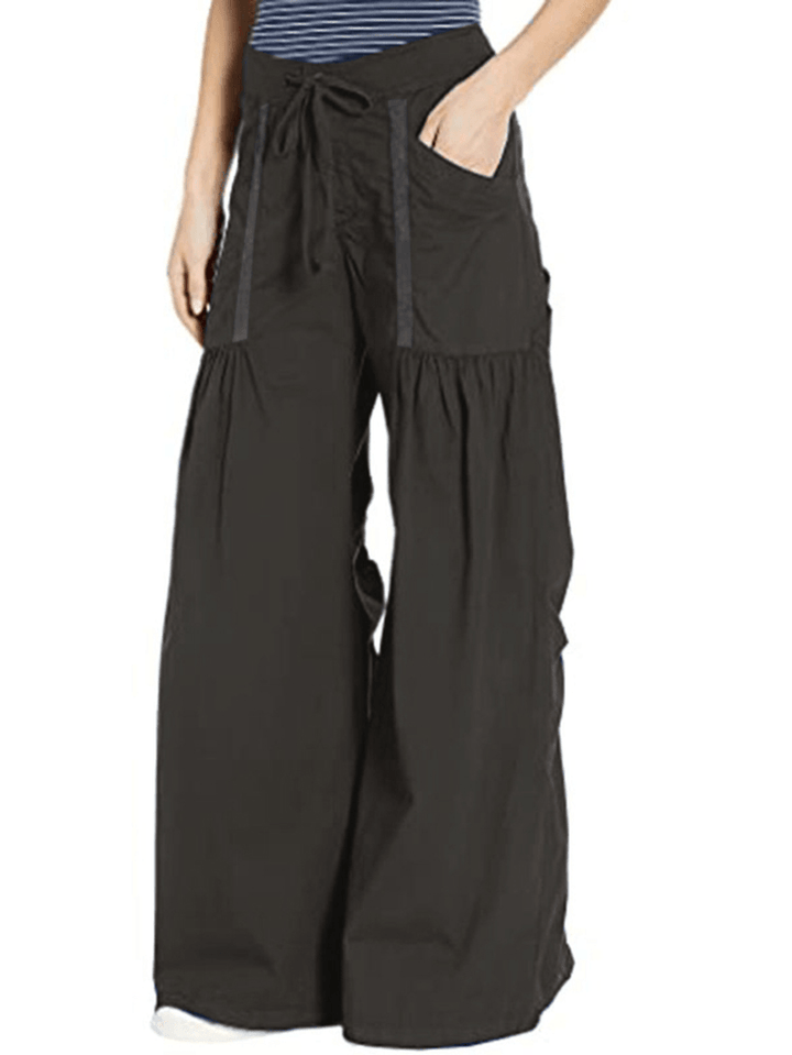 Women Solid Color Elastic Waist Loose Wide Leg Pants with Pocket