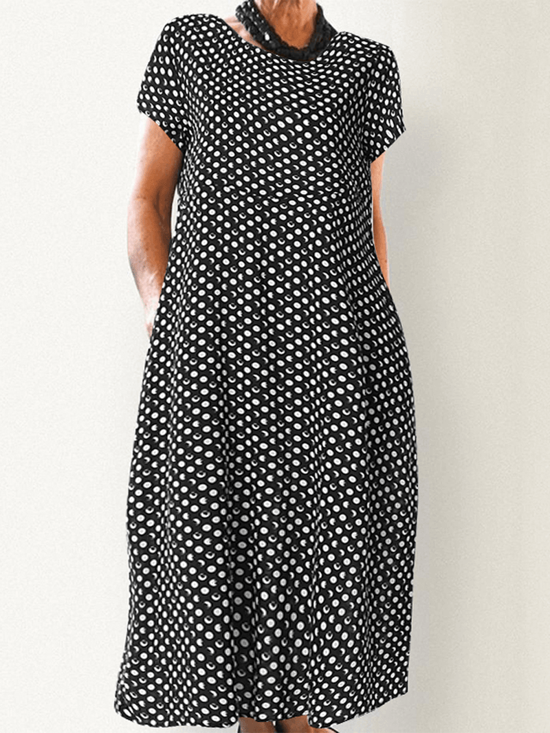 Crewneck Polka Dot Print Short Sleeve Midi Dress