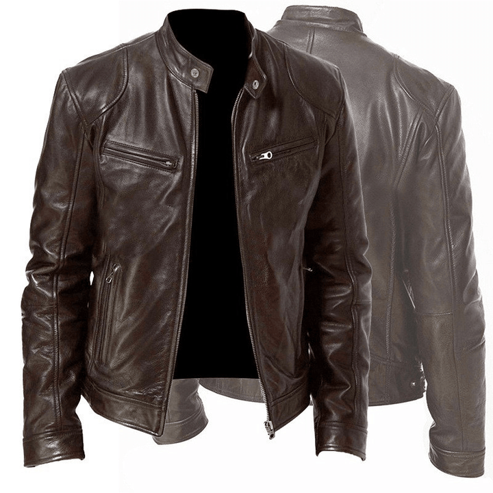 Men'S Zip Cardigan PU Leather Jacket with Stand Collar