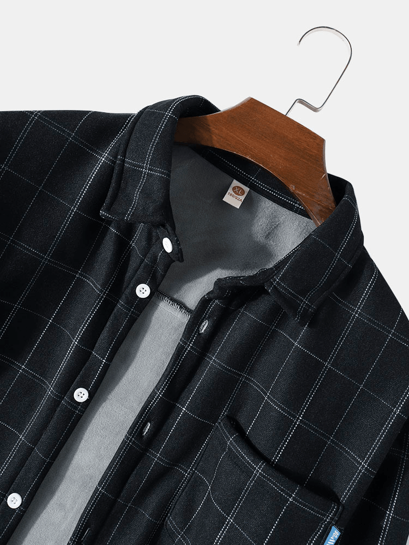 Mens Grid Lapel Chest Pocket Long Sleeve Warm Shirt Jacket