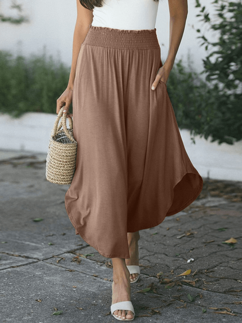 Women Elastic Waist Irregular Hem Side Fork Casual Skirts with Pocket