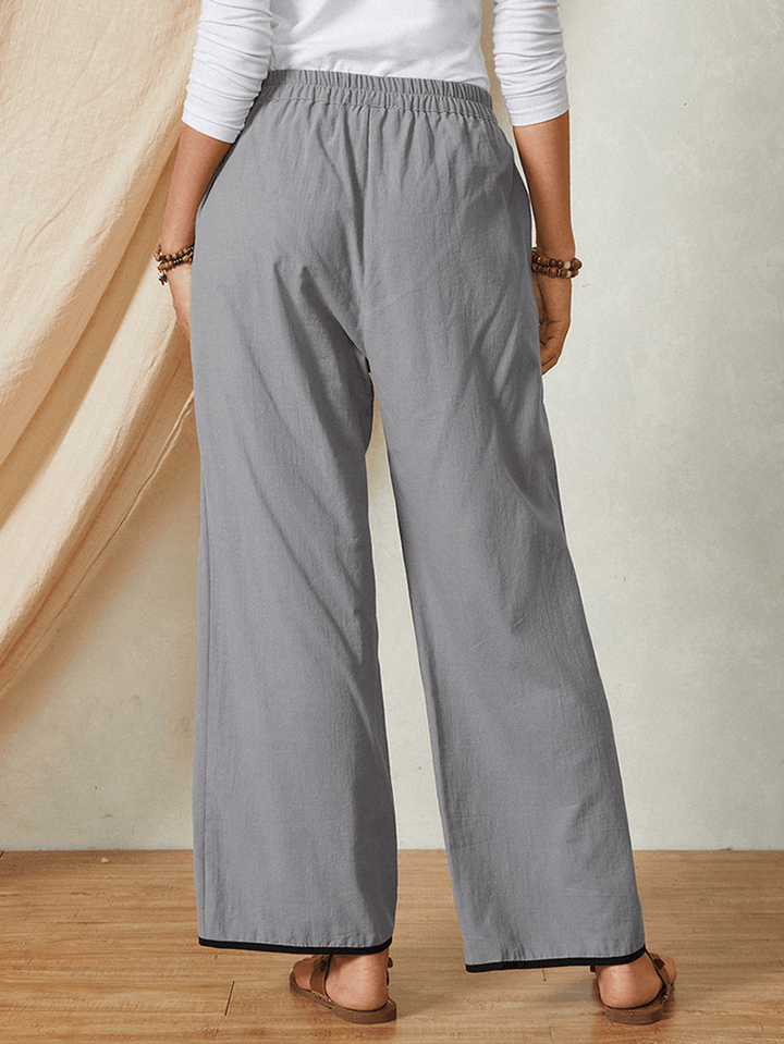 Cotton Elastic Waist Casual Patchwork Pocket Wide Leg Women Pants