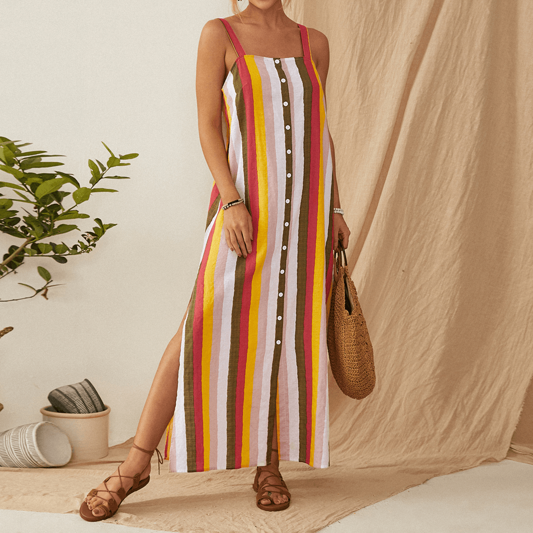 Striped Button down Split Straps Women Casual Maxi Dress