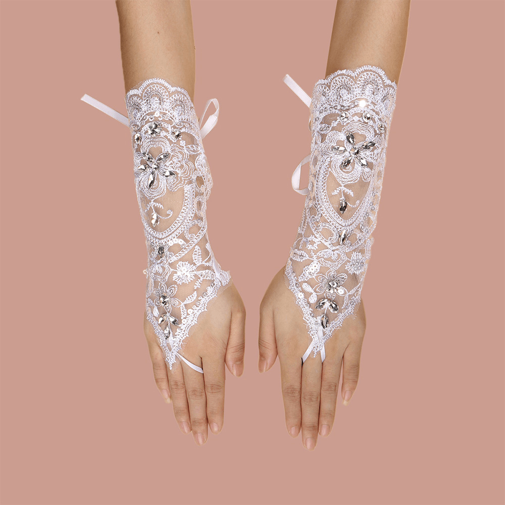 Women Lace Flowers with Rhinestone Bandage Split Finger Gloves Mid-Length Wild Mesh Breathable Sun Protection Sleeves