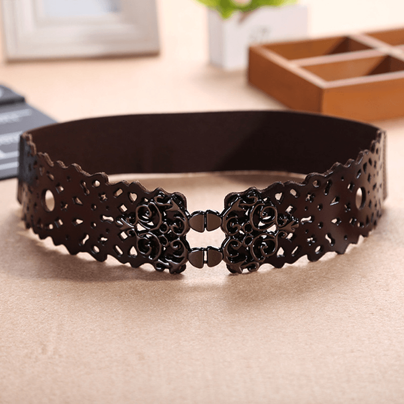 Women First Layer Leather Hollow Belts Elastic Stretchable Metal Button Waistband