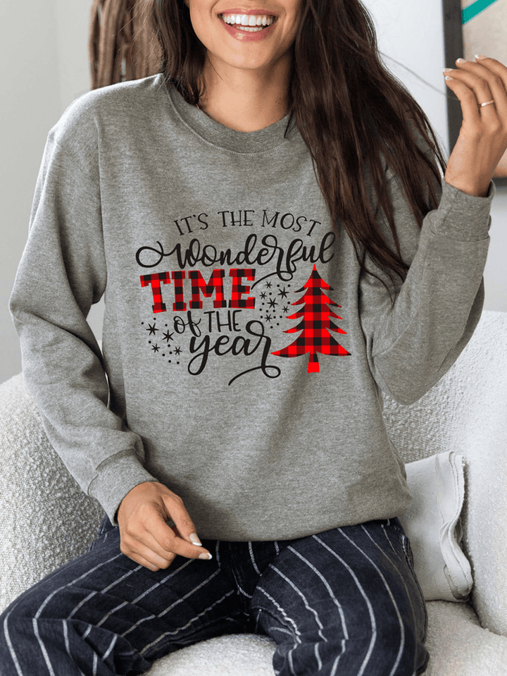 Women Christmas Letter Print O-Neck Drop Shoulder Loose Pullover Sweatshirts