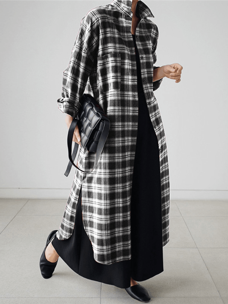 Women Plaid Retro Button Cuffs Split Side Pockets Lapel Long Sleeve Shirtdress Cardigan