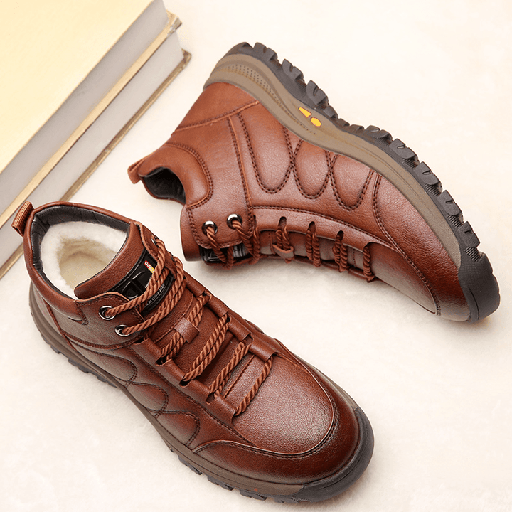 Men Warm Plush Lining Stitching Soft Sole Casual Leather Ankle Boots